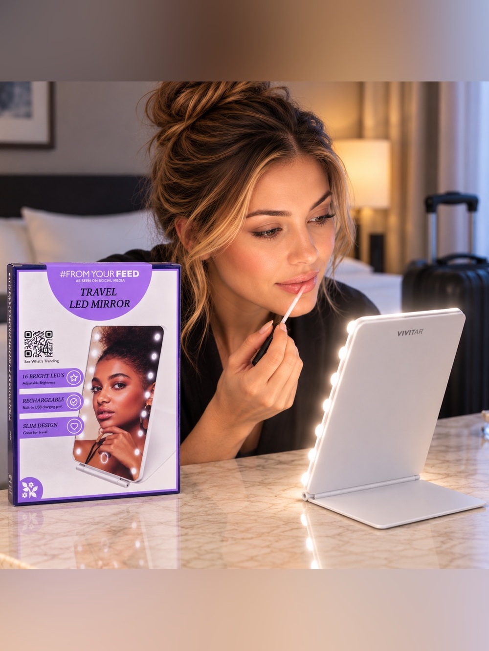 Makeup Mirror 16 LED Lights Touch Screen Adjustable Rechargeable Foldable Travel